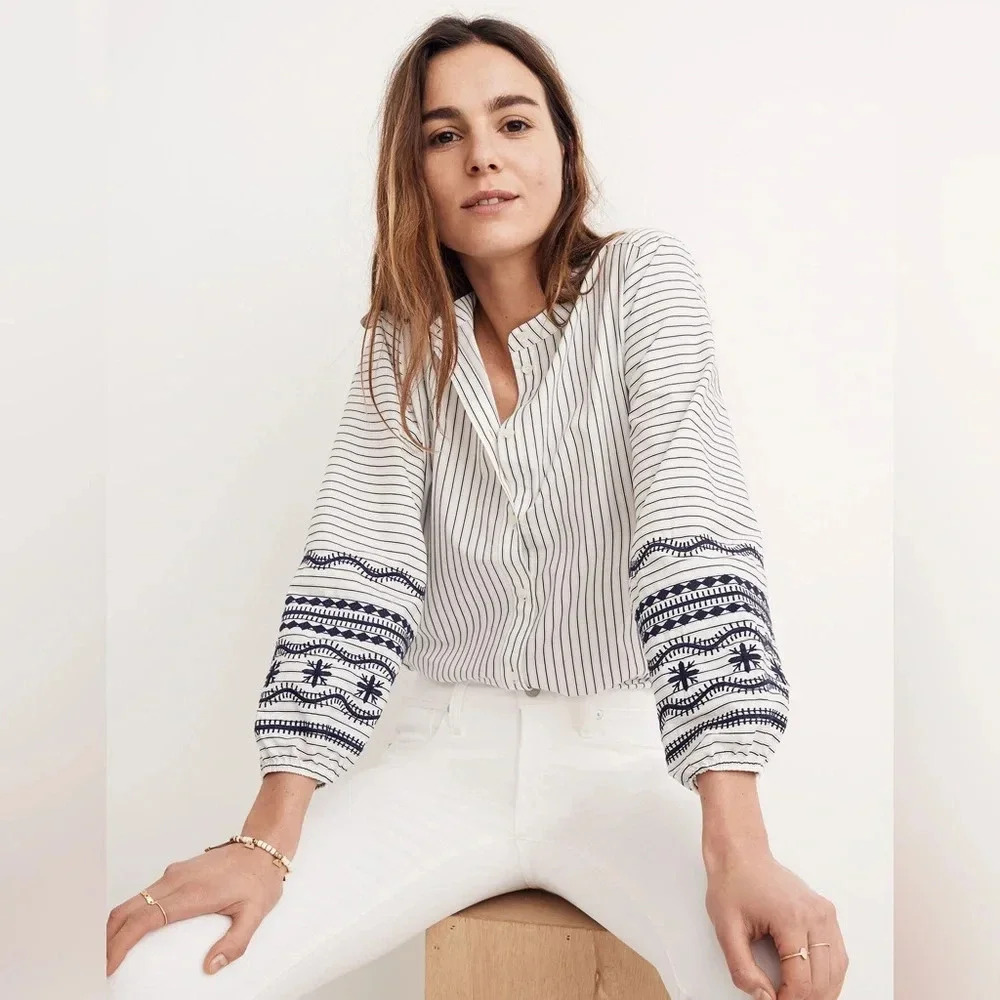 Madewell White Striped Button-Front Blouse with Navy Embroidered Sleeves